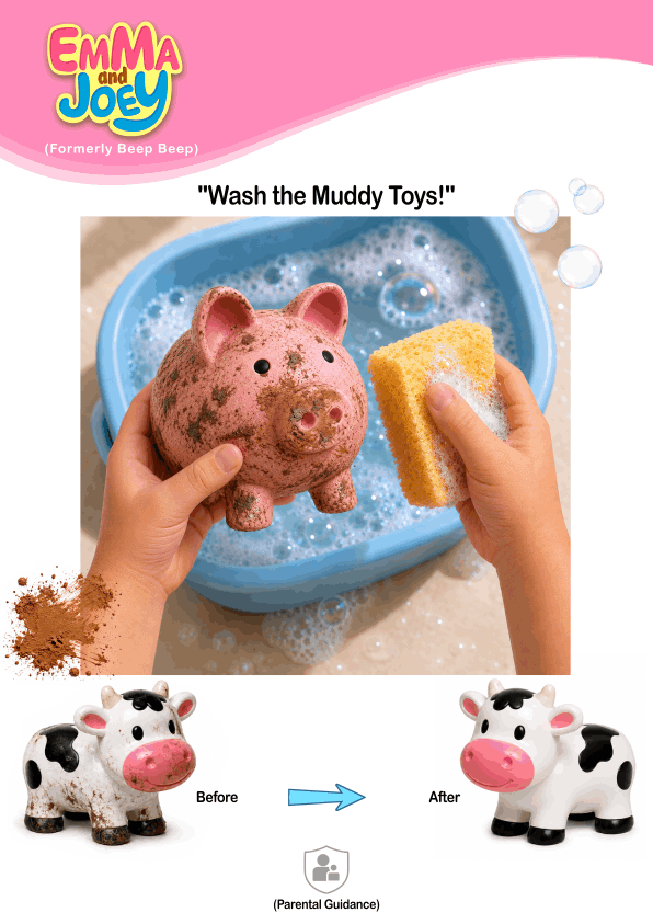 An activity graphic for the show Emma and Joey, noting they were '(Formerly Beep Beep)'. The headline reads 'Wash the Muddy Toys!'. The main photograph shows a child's hands holding a mud-speckled, pink toy pig and using a yellow sponge to scrub it clean over a blue tub filled with soapy water and bubbles. At the bottom, a 'Before' label sits next to an image of a muddy black-and-white toy cow, with a blue arrow pointing to an 'After' label showing the same toy cow completely clean. A small shield icon at the bottom center indicates '(Parental Guidance)'.