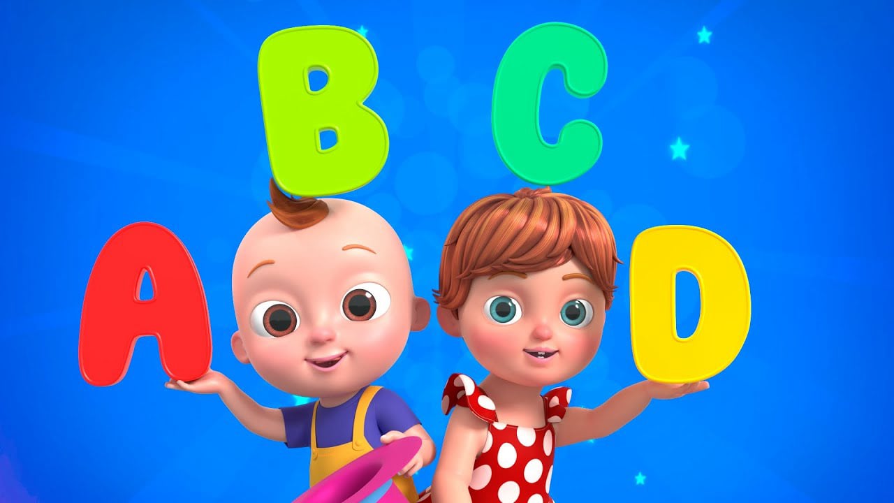 Emma and Joey are holding colourful alphabets A, B, C and D in their hands.